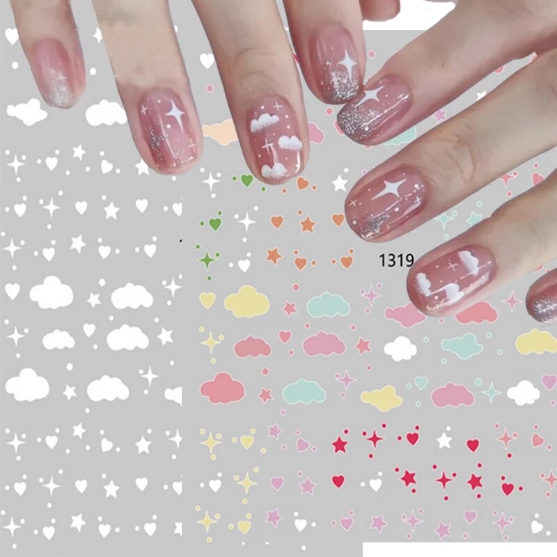 Miếng Dán Móng Tay 3D Đề Can Thiết Kế Hình Ngôi Sao Hình Học Trăng Trắng Hình Đám Mây Tự Dính Trang Trí Móng Tay Nghệ Thuật Trượt