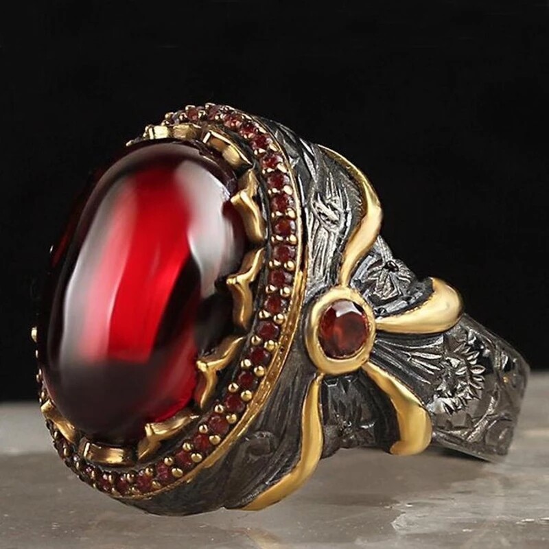 Vintage Hai Giai Điệu Totem Nhẫn Big Oval Đá Màu Đỏ Nhẫn Nơ Đối Với Nam Nữ Gothic Đảng Nhẫn Kỷ Niệm Trang Sức Kiểu Cổ Quà Tặng