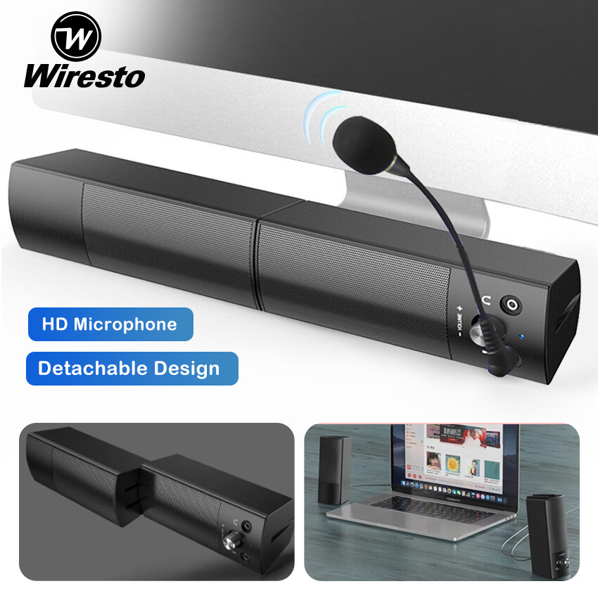 Wiresto Wired Speaker Dual 4D Subwoofer Detachable Mini Audio Soundbars Super Bass 3.5mm Wired Soundbox USB Powered Home Teaching Class Speakers Portable Hand Size for Classroom Office Computer PC Tablet with Separate Microphone