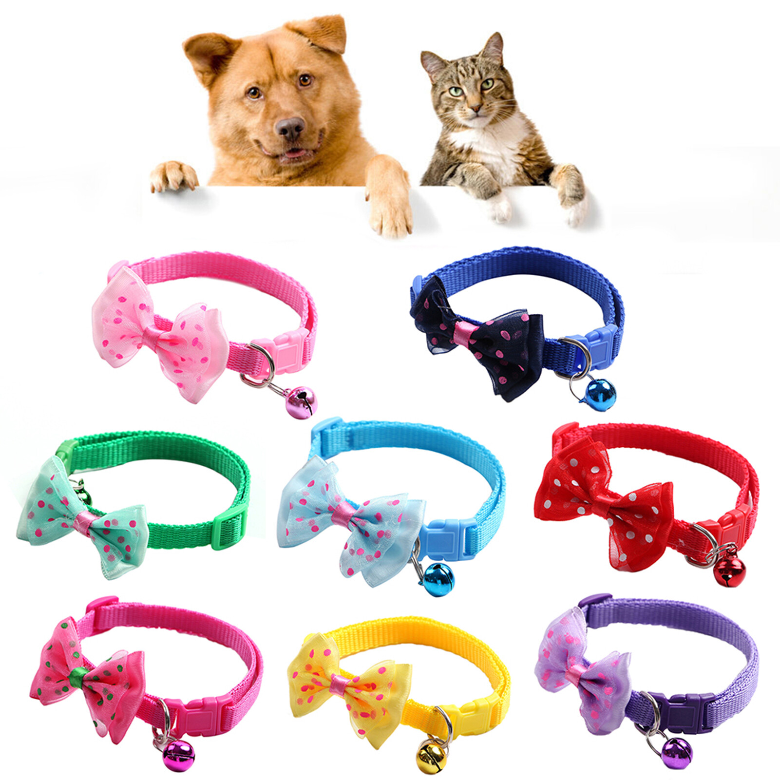 gu99 Pet Collar Dot Print Bowknot Adjustable Nylon Dog Puppy Bell Bow Neck Strap Necklace for Pet Secure Pet Necklace