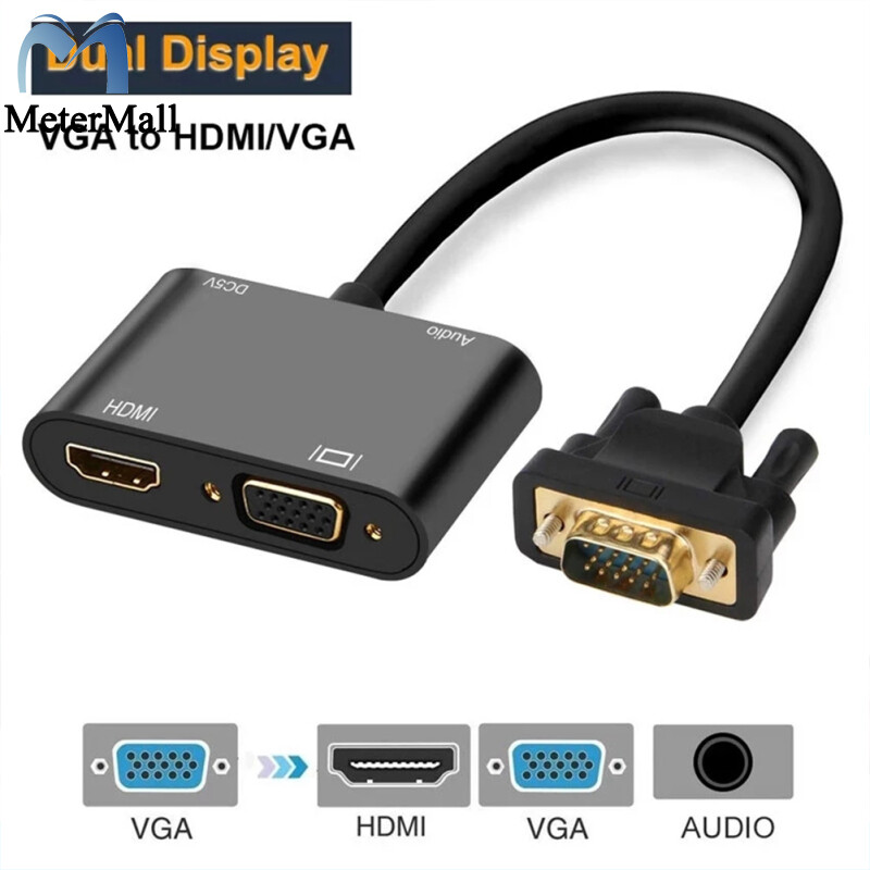 Metermall bộ chuyển đổi vga 3 trong 1 bộ chuyển đổi độ phân giải cao đồng bộ hóa âm thanh màn hình đa cổng vga/vga/audio cho cuộc họp hội nghị giảng dạy thuyết trình