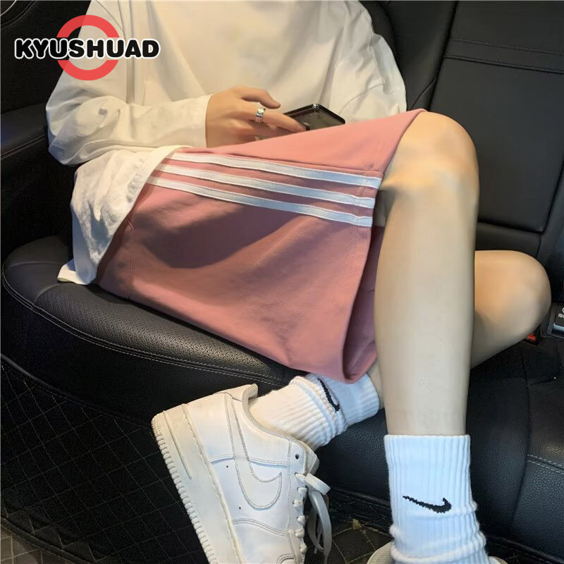 KYUSHUAD Men's loose straight casual cropped pants Side Stripe Vertical Bar Sports Shorts