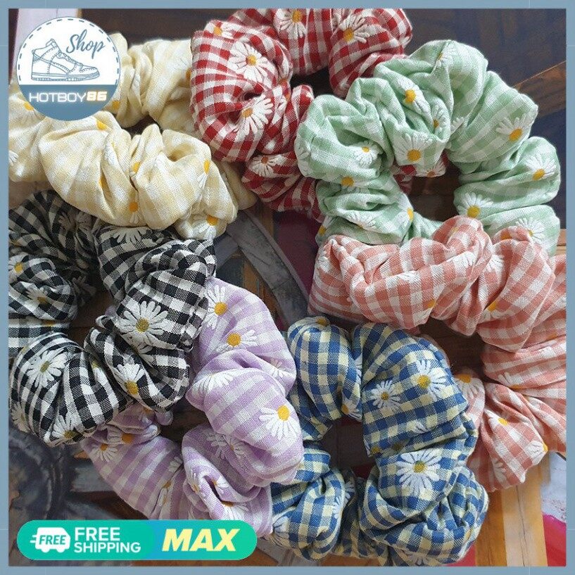 Dây cột tóc scrunchies vải thô caro hoa cúc, buộc tóc thời trang hàn quốc, côt toc nữ.