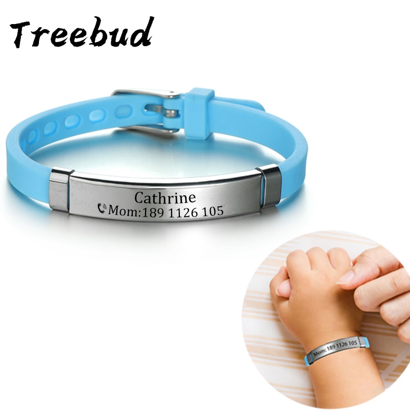Treebud Tùy Chỉnh Khắc Tên ID Số Điện Thoại chống lạc Vòng Đeo Tay Cho Trẻ Em S thép không gỉ silicon Vòng tay trang sức Quà Tặng