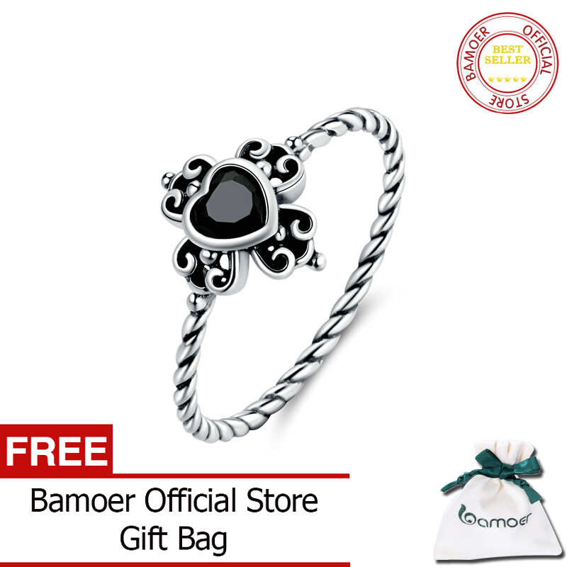 BAMOER Nhẫn Hình Trái Tim Bích Bằng Bạc 925 Thật Cho Nữ Trang Sức Thời Trang Đá Zircon Màu Đen SCR746