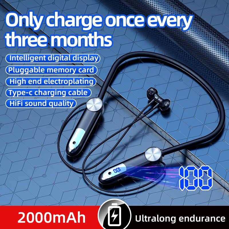 VANTEENIE Bluetooth Headset Wireless Noise Reduction Sports Neck Hanging With Microphone Type-c Gaming Headphone Earphone 2000mAh Battery Inserted Memory Card Long Battery Life Earbuds