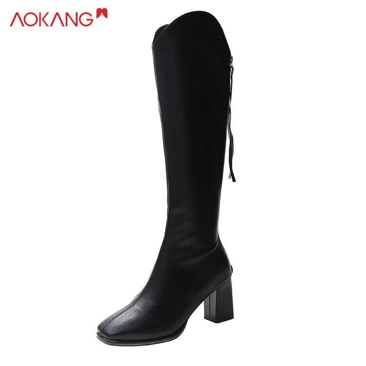 Aokang bốt cao đến đầu gối mũi vuông gót dày cho nữ bốt hiệp sĩ cao gót bằng lông cừu bốt cao gót mỏng
