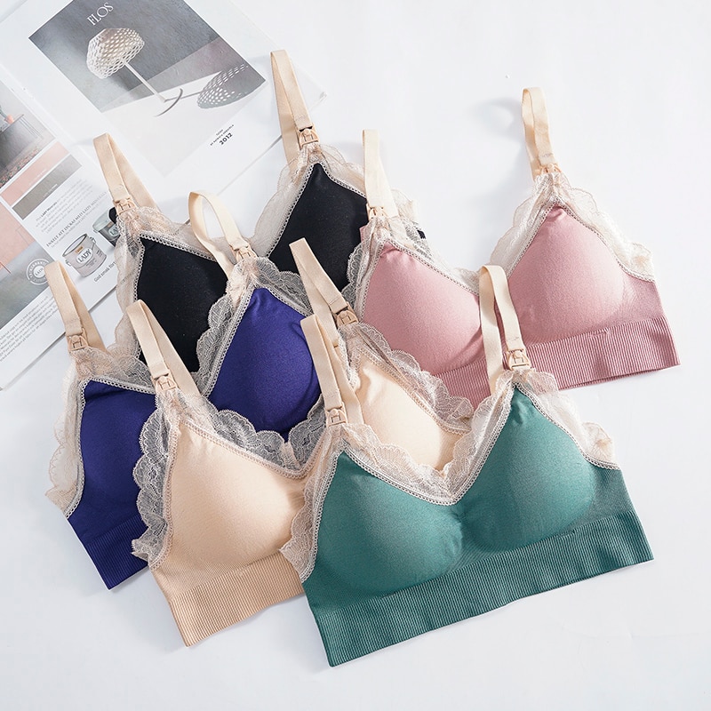Áo ngực hở phía trước không dây áo ngực cho bà bầu bú không đường may thoáng khí ren mềm mại cho bà bầu