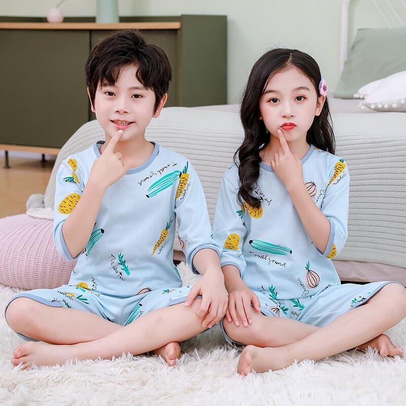 ZZOOI Big Girls Boys Pajamas Summer Cotton Children's Clothing Tshirt+pants Short-sleeved Pyjamas For Kids 4-18Years Teenage Sleepwear ราคา 303 บาท*ส่งฟรี