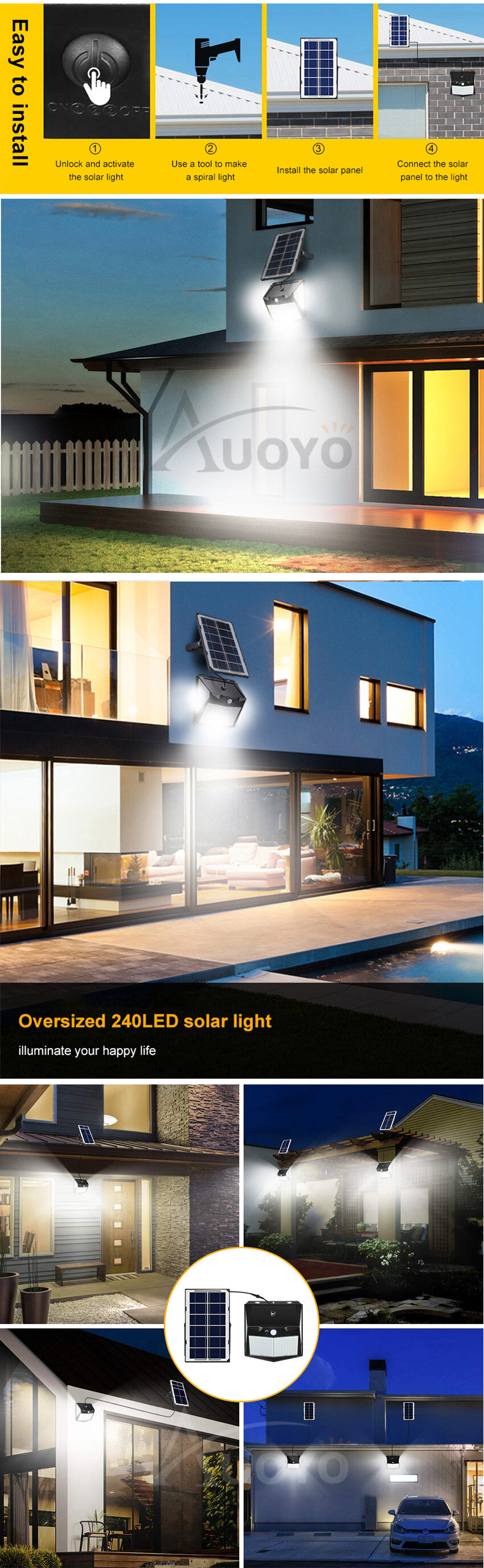 Auoyo 240led Solar Lights Outdoor Lighting Extra Large Wireless