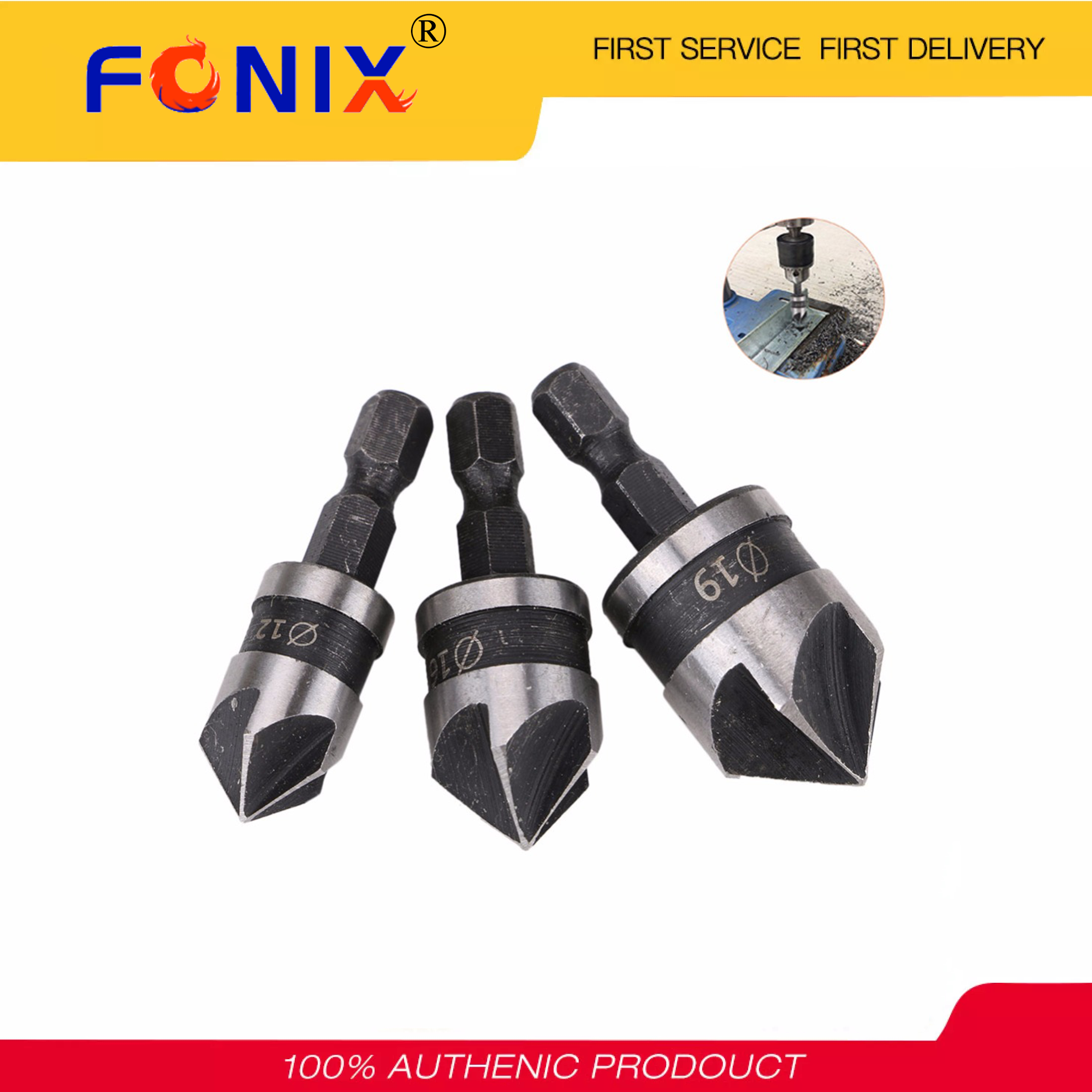 [Hàng Sẵn Có] FONIX 3 Cái Bộ Mũi Khoan Loe Miệng 90 Độ Cắt Vát Góc Mayitr Cho Gỗ Kim Loại 12/16/19 Mét