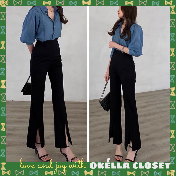 Quần ống loe xẻ tà cạp cao, quần loe xẻ gấu phong cách công sở Okella