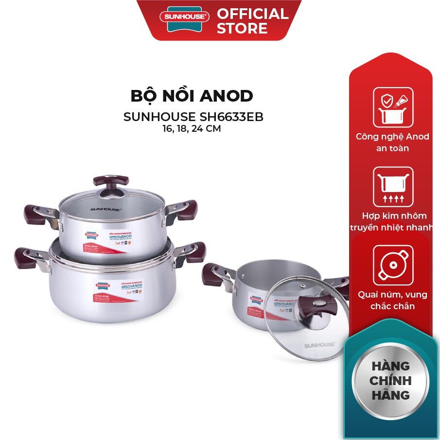 Bộ nồi anod sunhouse sh6633 size 16/18/24cm