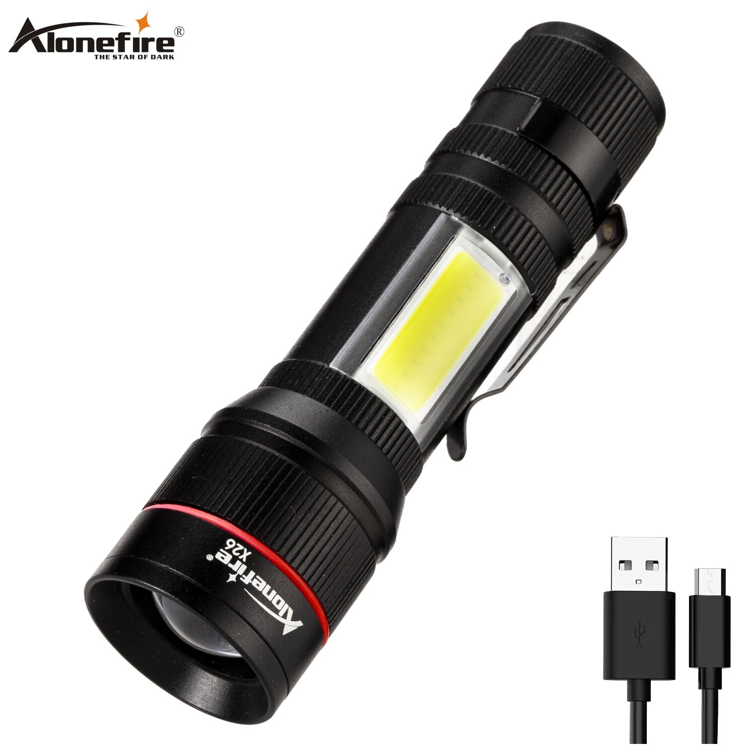 Alonefire Đèn Pin LED Mini Sạc Được USB X26, Không Thấm Nước Ngọn Đuốc Đèn Flash Di Động Thu Phóng Có Thể Thu Gọn, Để Chiếu Sáng Ban Đêm