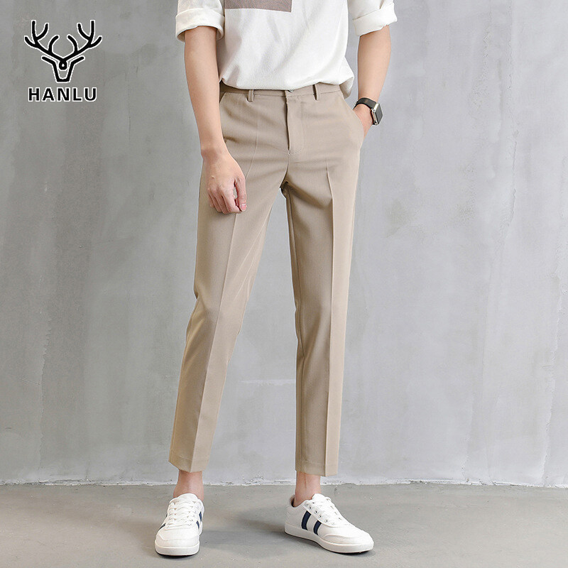 Hanlu quần tây âu hàn quốc Quần Âu Xếp Nếp Mới Cho Nam Quần Kaki Mỏng Chín Điểm Quần Thường Ngày Ống Đứng Chân Nhỏ Xu Hướng