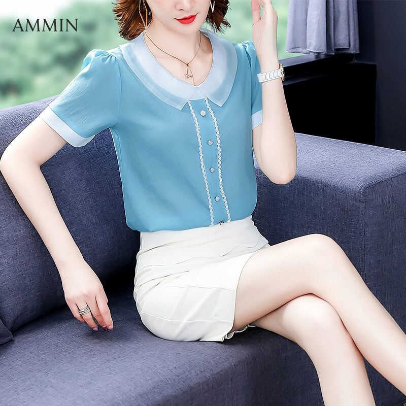 AMMIN Áo Cánh Nữ Thanh Lịch Ngọt Ngào Và Thanh Lịch Cổ Áo Búp Bê Lưới Tay Ngắn Mới Mùa Thu 2021 Áo Voan Thời Trang Đính Khuy Ngọc Trai Phong Cách Hàn Quốc Cho Nữ Áo Sang Trọng