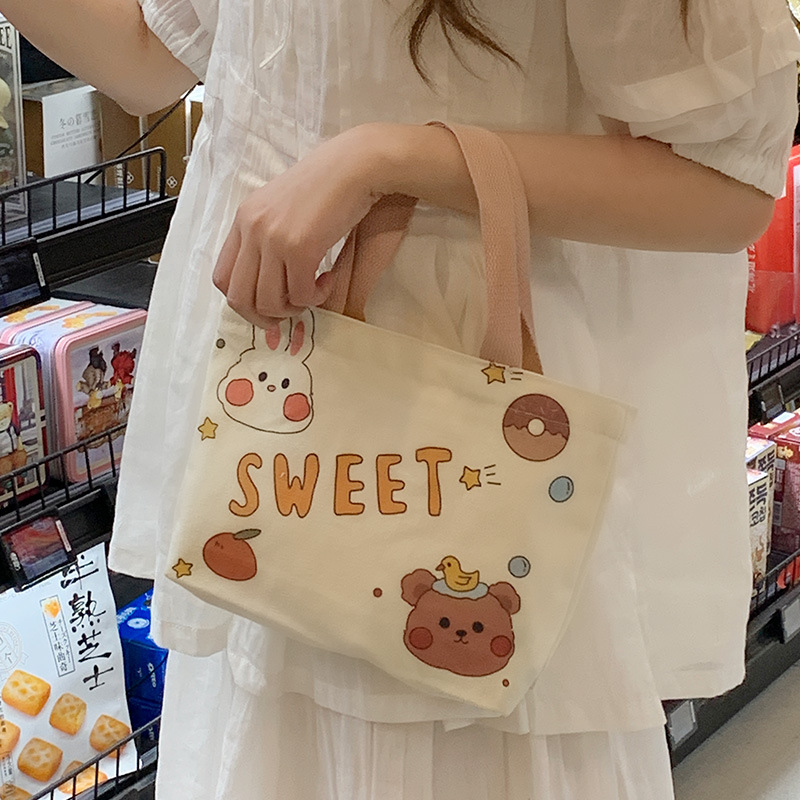 [Happy Kitchen] Canvas Bag Women's Handbag Lunch Bag Cartoon Bag Hand Carrying Small Bag Versatile Artistic School Bag