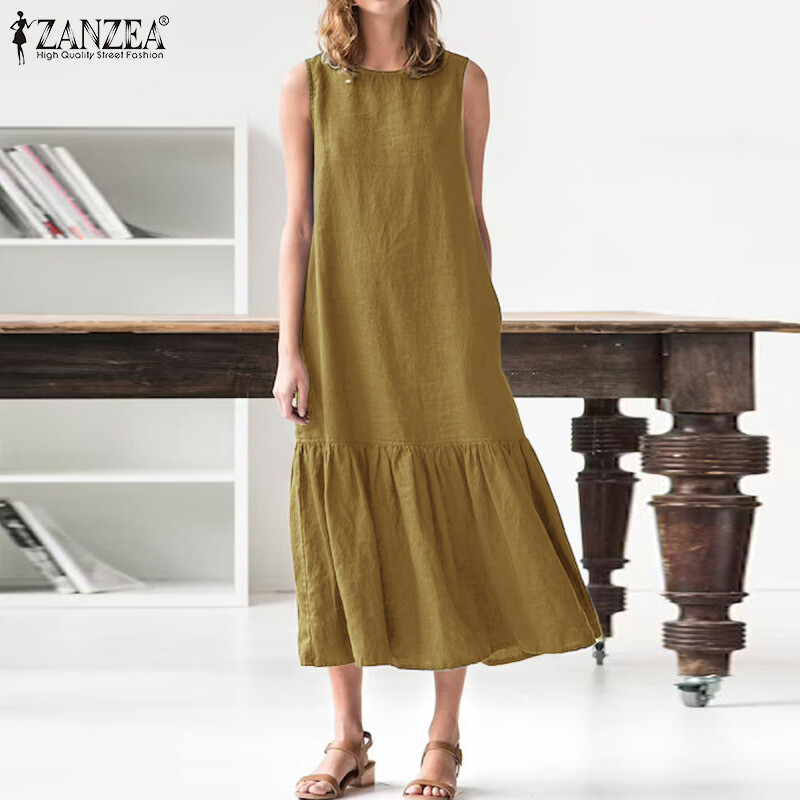 Zanzea đầm xếp ly dáng rộng thường ngày cho nữ đầm kaftan xếp tầng không tay đầm maxi dài #15