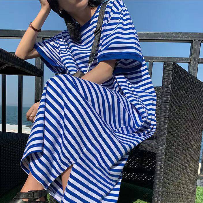 ĐẦM BẦU ĐẦM Bầu Ngắn Tay Mỏng Che Bụng Dáng Rộng Mùa Hè Phong Cách Hàn Quốc Áo Thun Kẻ Sọc Ngoại Cỡ Đầm Bầu Dài Qua Đầu Gối