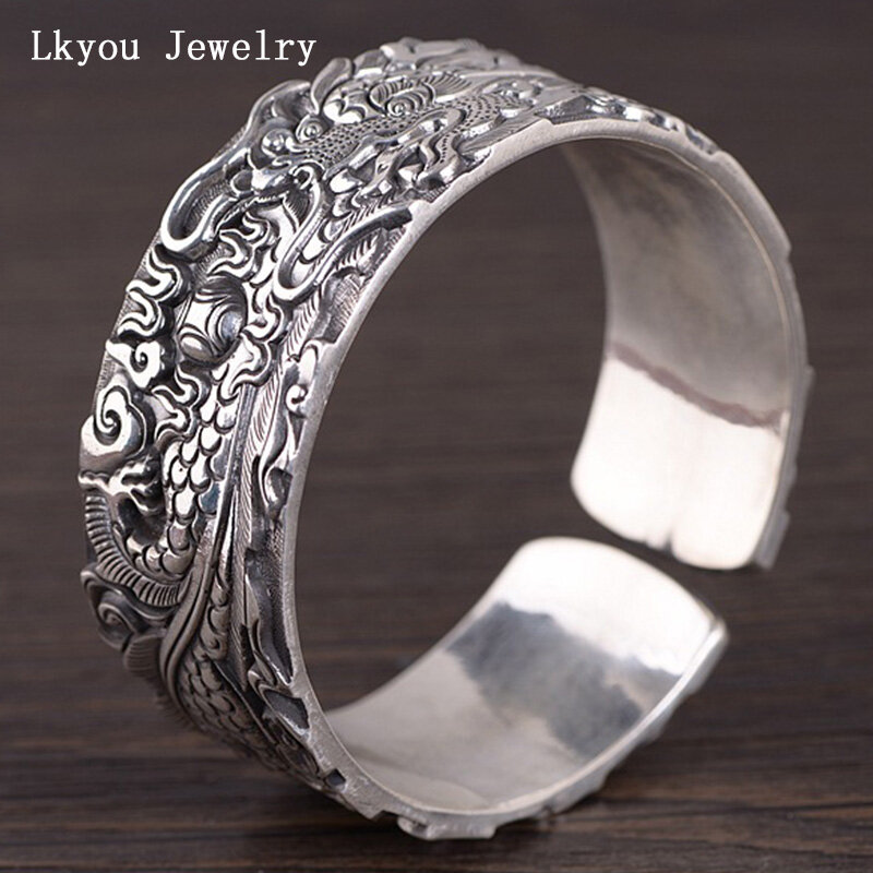 Lkyou Vòng Tay Mặt Rộng Hình Rồng Dập Nổi Cổ Điển Mạ Bạc S925 Cho Nam Mới, Vòng Đeo Tay Có Thể Điều Chỉnh Mở Cho Nam Và Nữ Cá Tính
