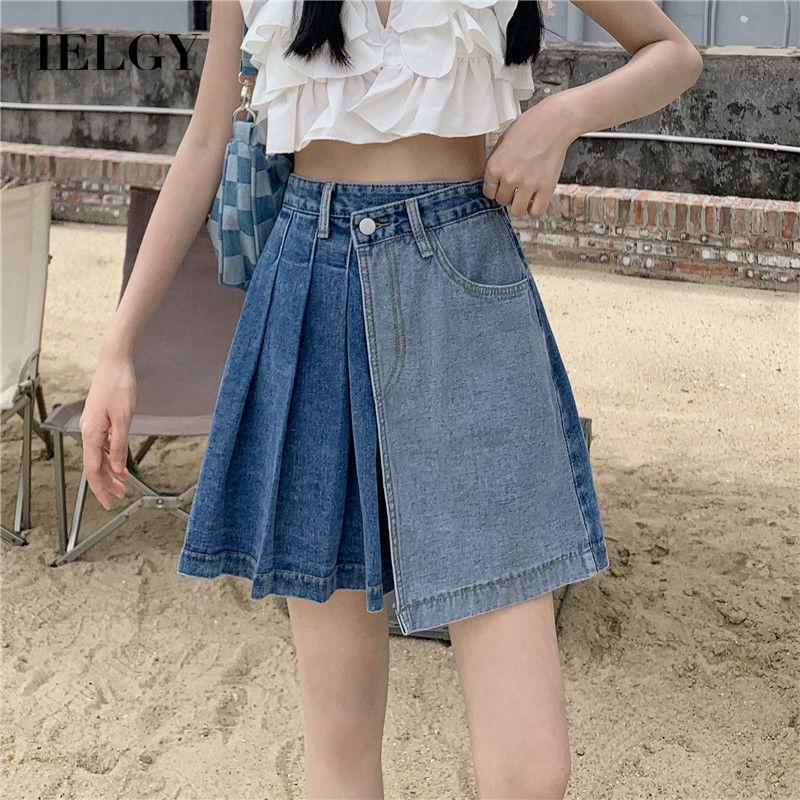 Ielgy chân váy denim cỡ lớn phối màu bất đối xứng cho nữ