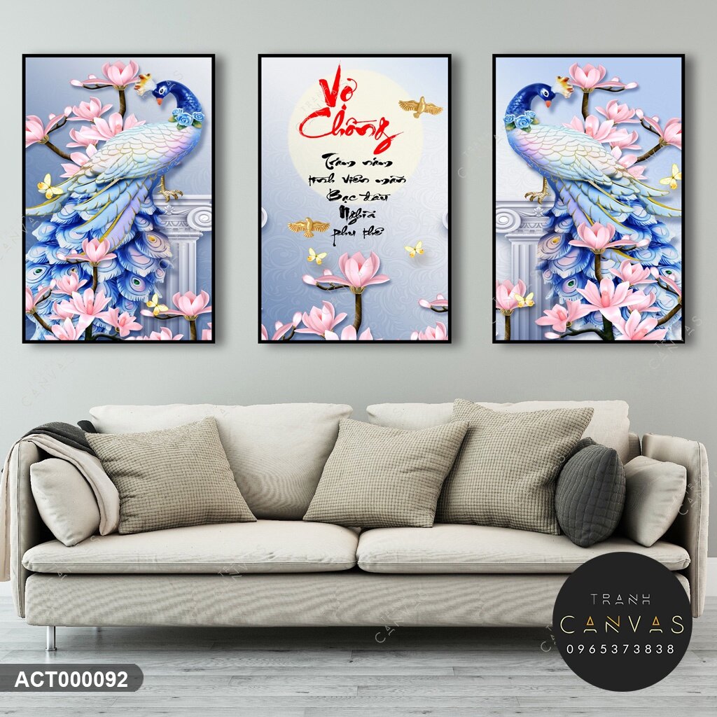 Tranh canvas bộ 3 tấm chim công
