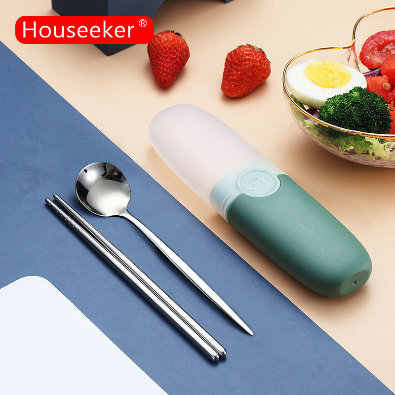 Houseeker Bộ Thìa Dĩa Dùng Cho Thực Phẩm 304 Không Gỉ Muỗng Thép Bộ Đũa Xách Tay Ăn Trưa Dao Kéo Với Hộp