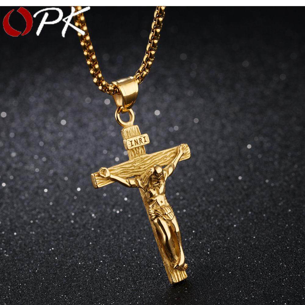 OPK Men Necklaces/Pandents INRI Cross Mens ' Necklaces Punk Style Stainless Steel Box Lain Chain Crucifix Jesus Pendant Jewelry ราคา 172 บาท*ส่งฟรี