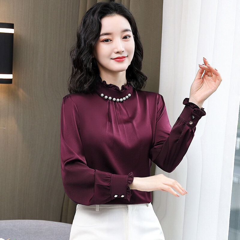 AMMIN Áo Voan Cổ Đứng Mới Đối Với Phụ Nữ Áo Lụa Dài Tay Cá Tính Thời Trang Áo Cánh Nữ Thường Ngày