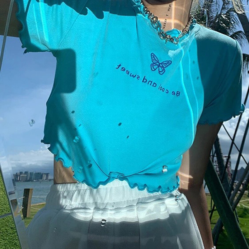 Áo Crop Top Nữ Mùa Hè, Tay Ngắn Thêu Chữ Bướm Trang Trí Rau Diếp Áo Thun Dáng Ôm