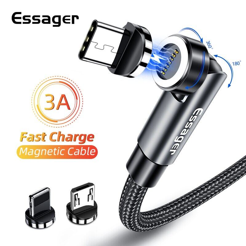 Essager Cáp Từ Tính Xoay 540 Cáp Sạc Nhanh 3A Micro USB Type C Cho iPhone Xiaomi Dây Dữ Liệu Sạc Điệ