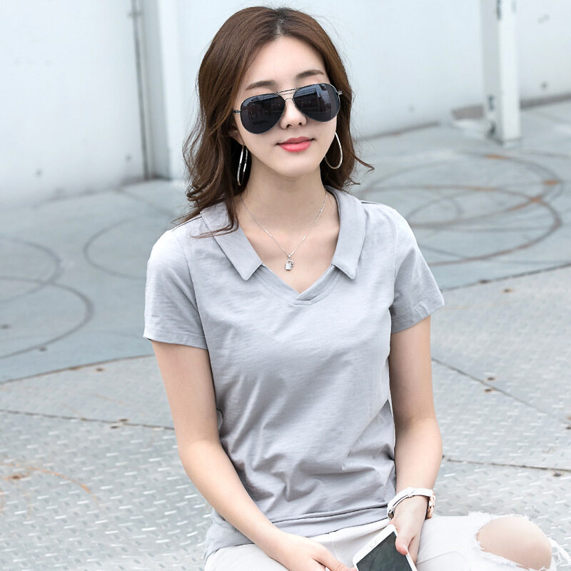 Polo Neck Shirts For Women Button Tops Plain T-shirt Woman