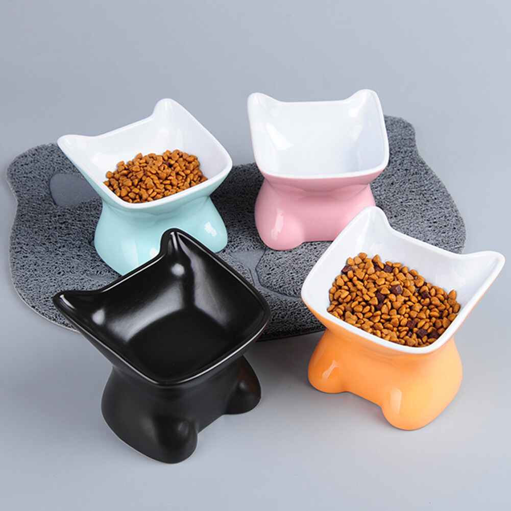 guai Ceramic Cat Pet Puppy Food Raised Bowl Non-slip Water Tilt Feeder Dish Tableware 2