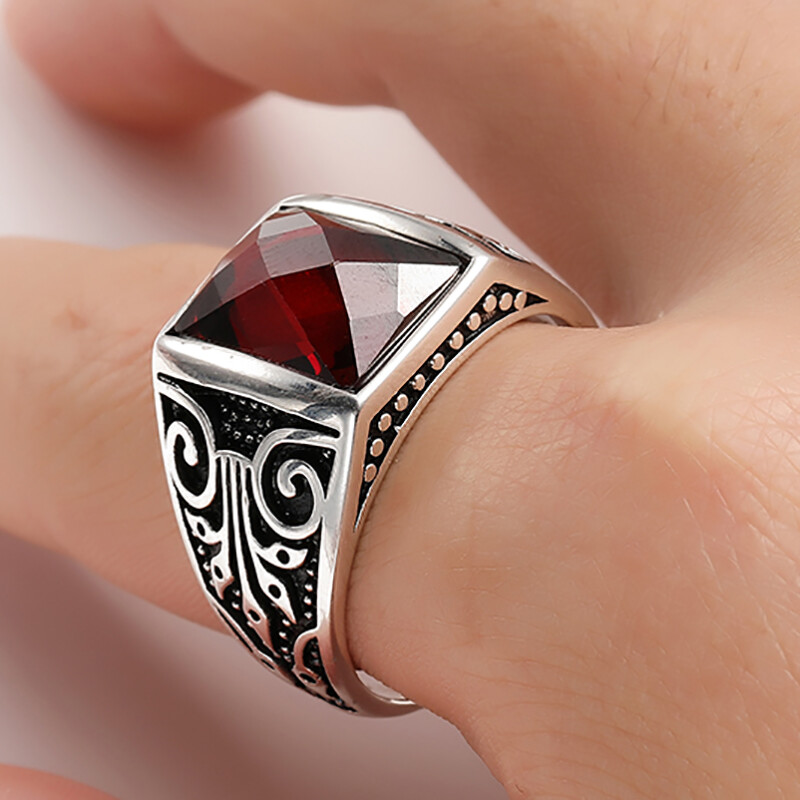 Lkyou Nhẫn Đá Quý Zircon Đỏ Phong Cách Cổ Điển Mới, Trang Sức Nhẫn Thường Ngày Phong Cách Punk Cho Nam