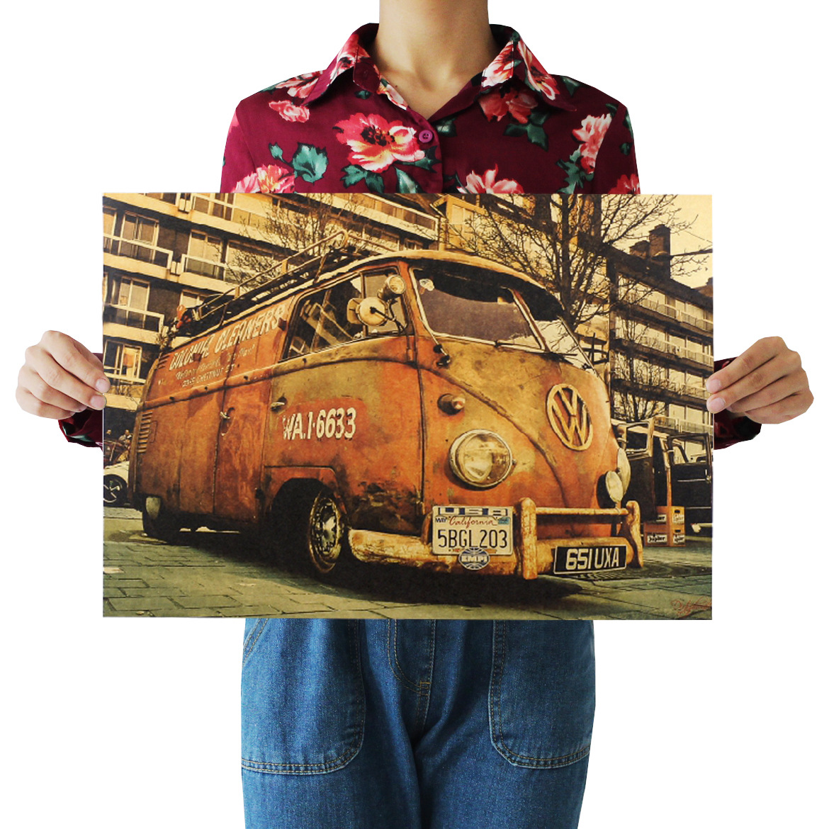 B11 Volkswagen nostalgic retro kraft paper poster on the roadside interior bar cafe decoration painting ราคา 25 บาท*ส่งฟรี