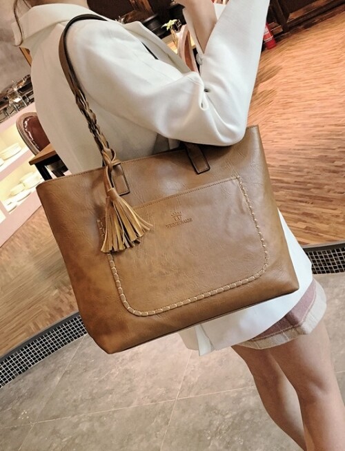 READY STOCK QQ Large Vintage Shoulder Tassel Bag Casual Beg Tangan Besar Office Tote Handbag Fringe Bags