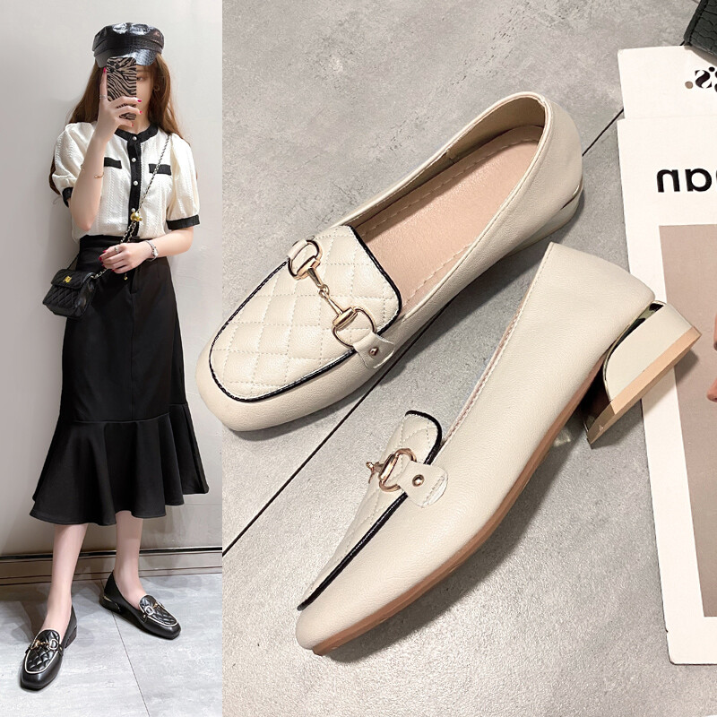 Xunlu818937 giày da nữ giày lười gót vuông 3cm giày cao gót công sở nữ thời trang hàn quốc
