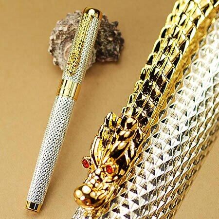 Jinhao bút bi lăn lưới bạc hoàn chỉnh 1200 hình rồng với pha lê đỏ trong mắt