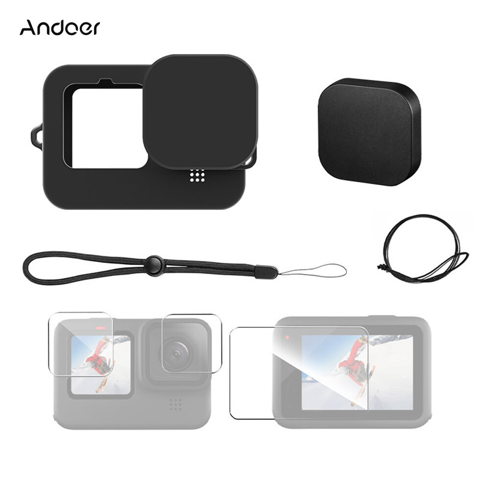 Andoer bộ vỏ máy ảnh thể thao khung bảo vệ máy ảnh + kính cường lực bảo vệ ống kính + vỏ ống kính thay thế cho gopro 10 9