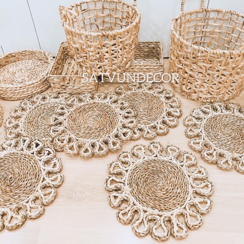 Thảm Cói Móc Xích Phối Màu Vintage Dùng Để Decor Bàn Ăn, Treo Tường