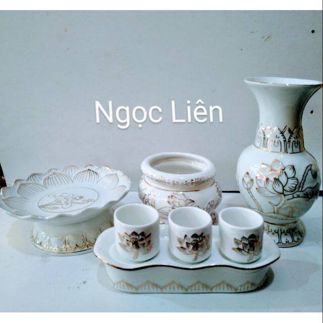 Bộ đồ Thờ cúng Bạch Ngọc hoa sen bàn thờ 50cm trở xuống