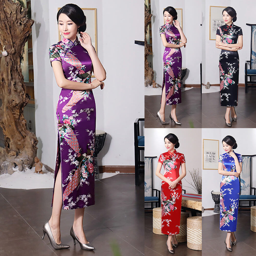 Váy Midi Sườn Xám Ngắn Tay Kiểu Trung Quốc Cho Nữ Dành Cho Phù Dâu Tiệc Cưới