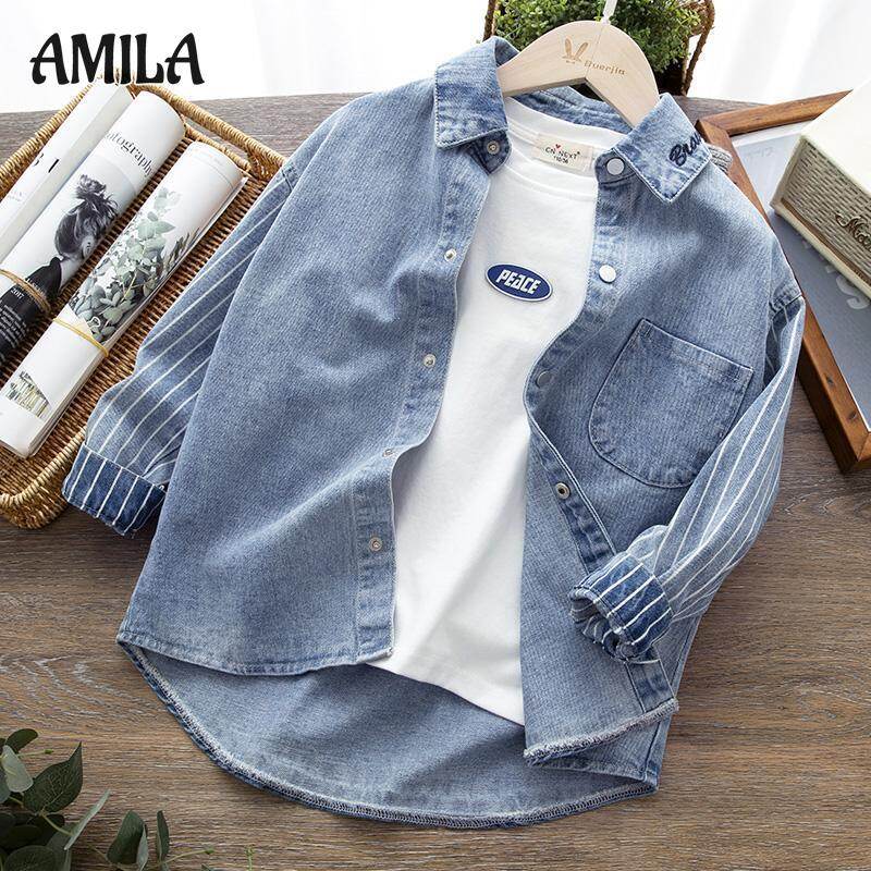 Amila áo sơ mi denim cho bé trai áo mới áo khoác trẻ em áo sơ mi dài tay