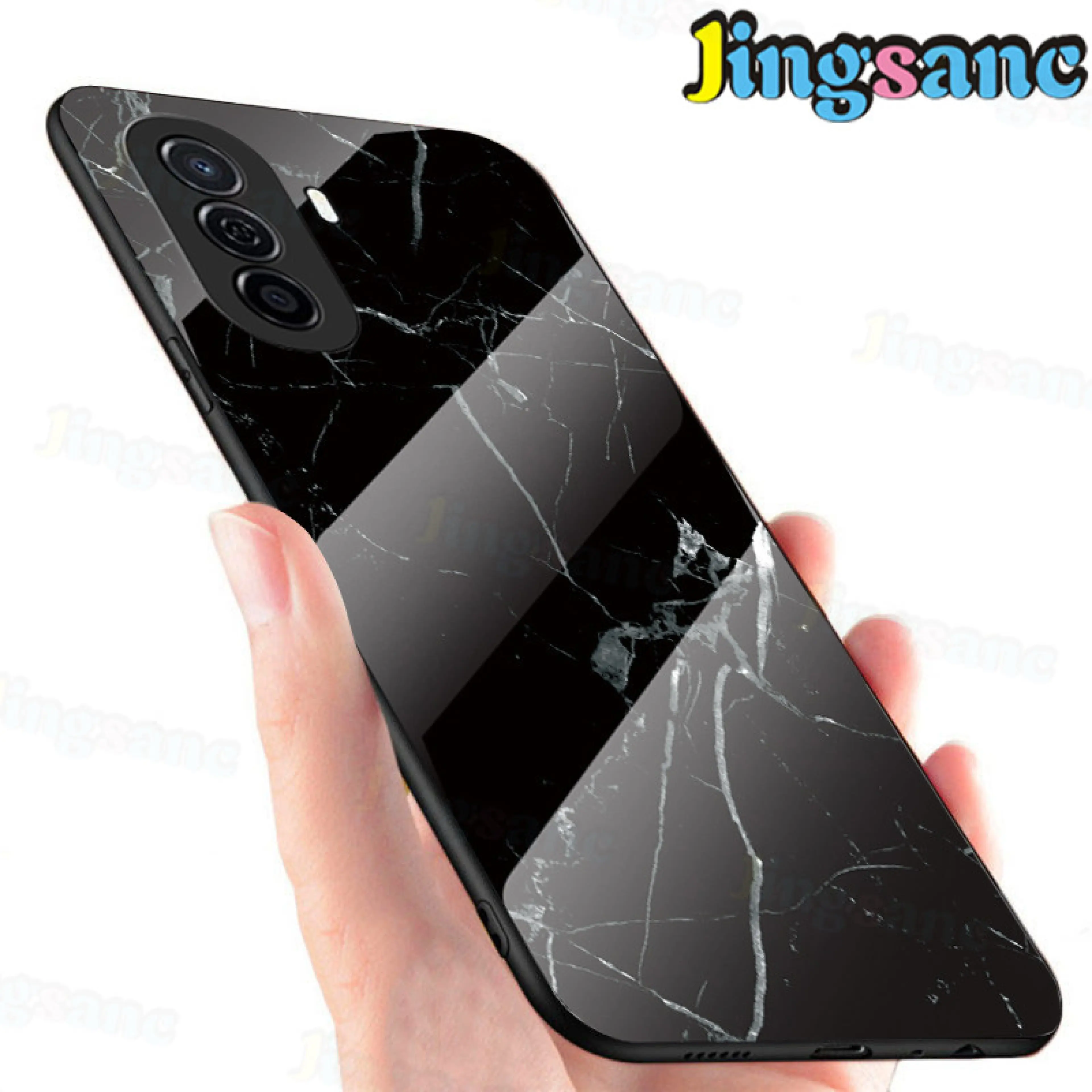 Jingsanc For Huawei Nova Y70 Phone Case 9H Marbled Tempered Glass+Soft TPU Edge Scratchproof Protection Casing Back Cover