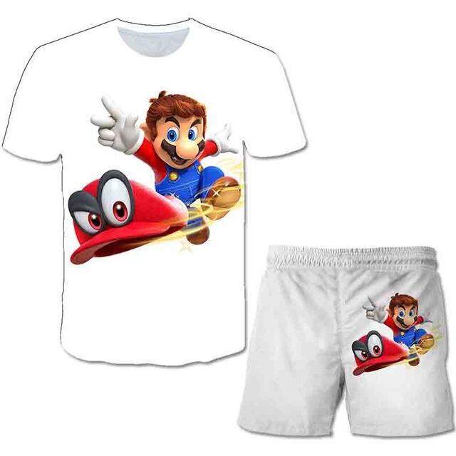 2021ชุด Mario ฤดูร้อนเด็กสาวชุดผ้าโพลีเอสเตอร์เด็กเสื้อยืดลายการ์ตูนชุดกางเกงขาสั้นเด็กชุดเสื้อผ้าแฟชั่น Tracksuits