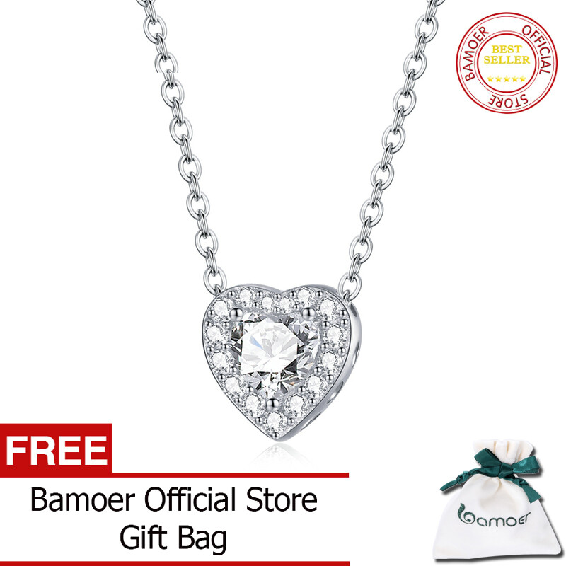 BAMOER Dây Chuyền Tình Yêu Sáng Bóng Bằng Bạc 925 Hạt Charm Pha Lê Hình Trái Tim Lấp Lánh Trang Sức Đính Hôn Đám Cưới SCN455