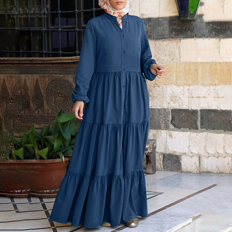 Azul ZANZEA Muslimah Mujeres sólido botón largo de la manga de soplo de niveles volantes Hem Cierre vestido maxi 