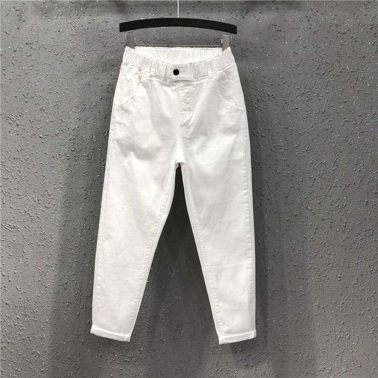 Spring and summer new large size white pants women loose and thin elastic waist high waist jeans casual harem cropped pants