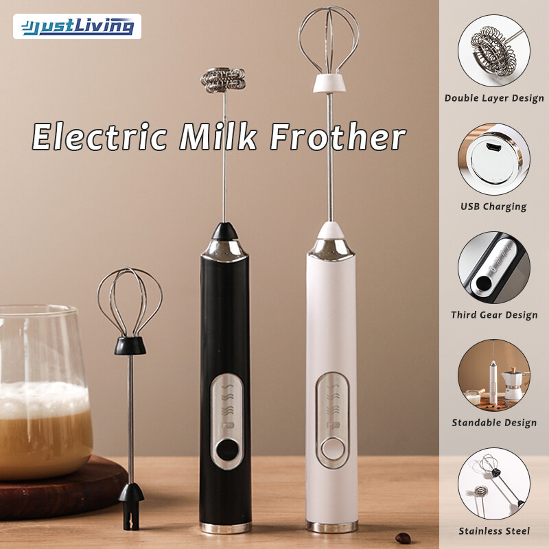 Justliving máy đánh trứng phụ kiện nhà bếp đồ tạo bọt sữa có thể điều chỉnh 3 tốc độ usb điện cầm tay máy đánh trứng lò xo phới đánh trứng có thể sạc lại máy xay sinh tố cà phê latte với 2 máy đánh trứng bằng thép không gỉ