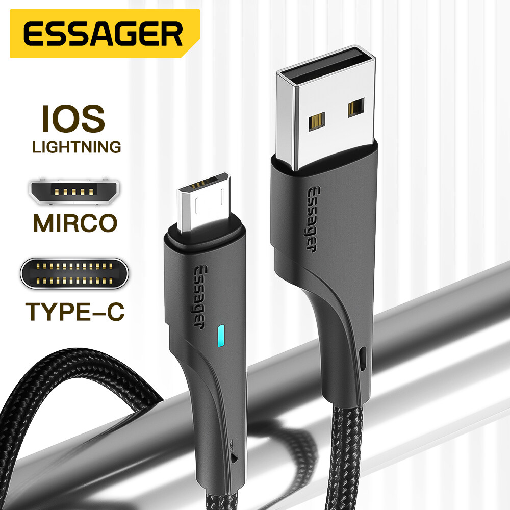 Essager Cáp 0.5M/1M/2M LED 3A USB Type C / Micro Cho Samsung Huawei Xiaomi Cáp Sạc USB-C Sạc Nhanh Cáp Điện Thoại Di Động